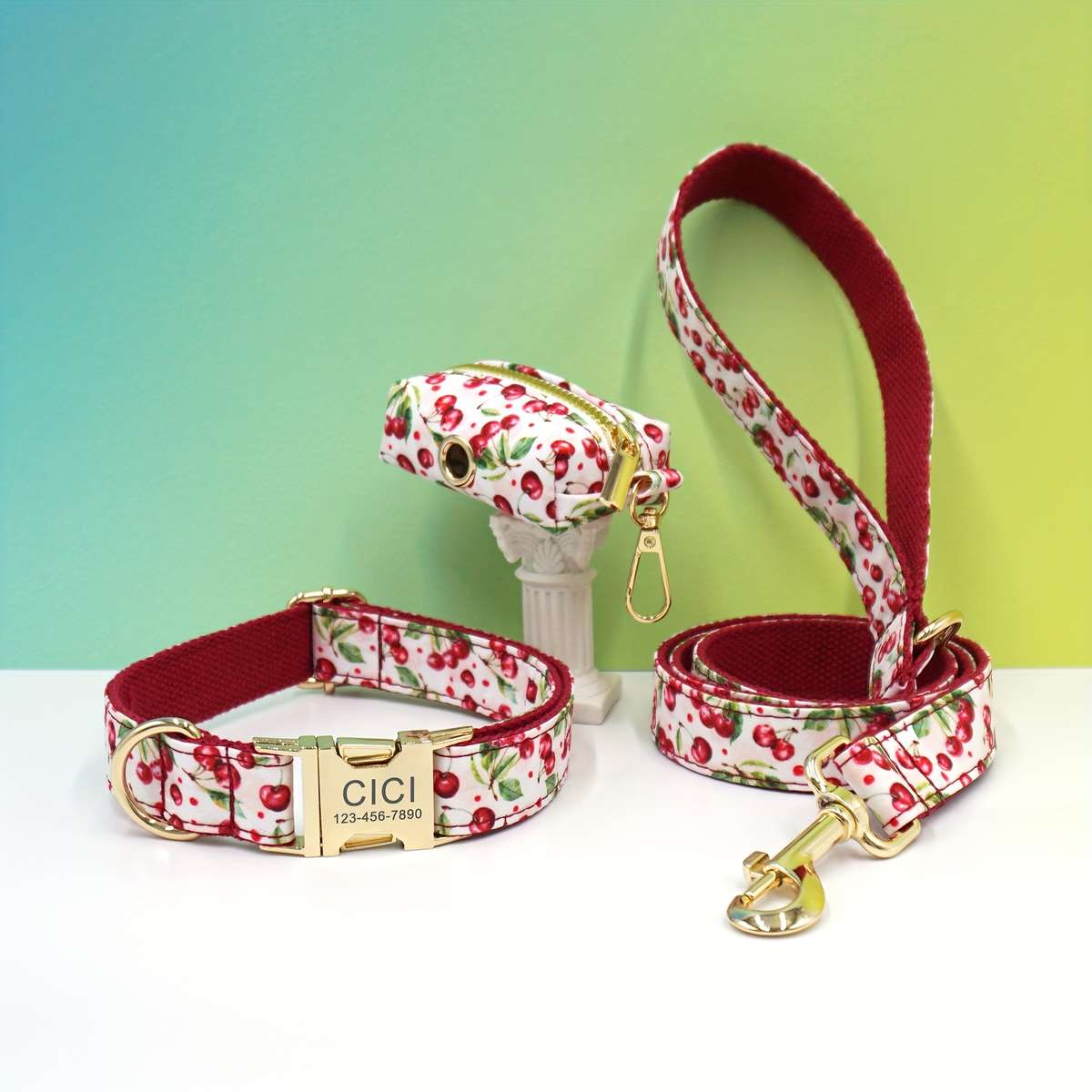 Dog Leash Color Cherry Dog Collar 3Piece Set Size Xs