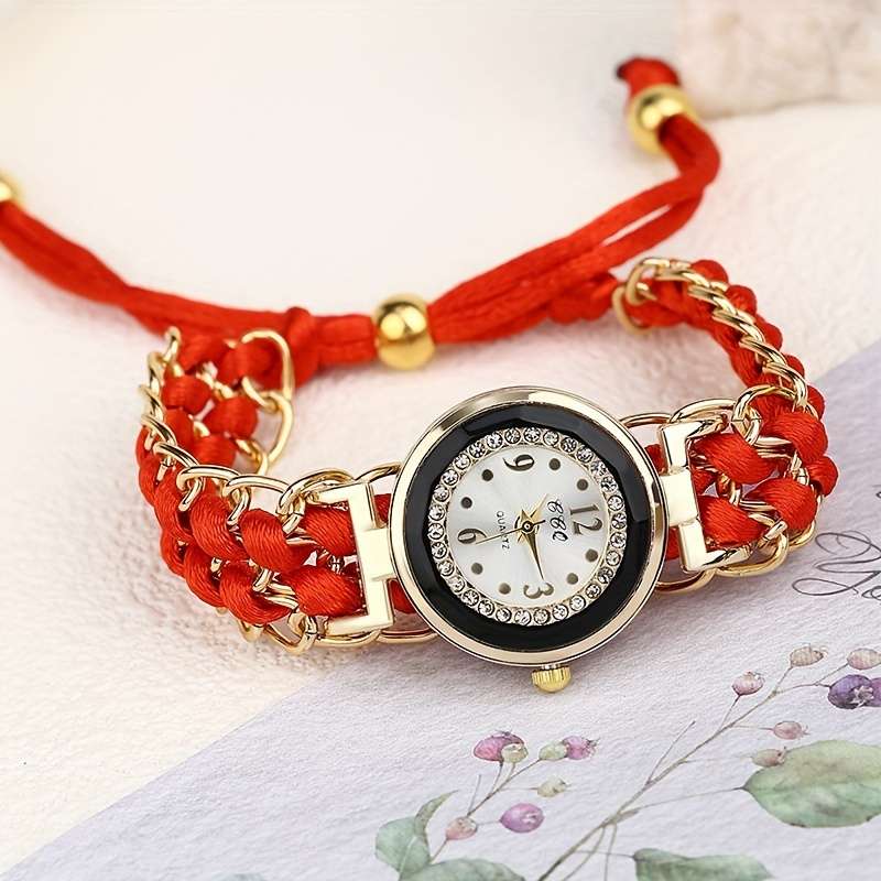 Premium Women Small Watch Case Rhinestones Adjustable Woven Strap Red