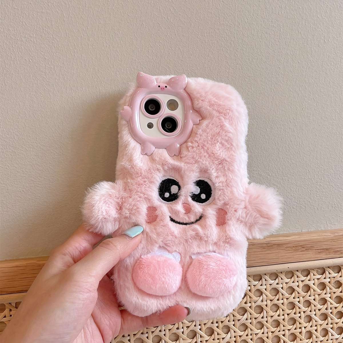 1Pc Light Pink For iPhone 12 Plush Little Monster Phone Case