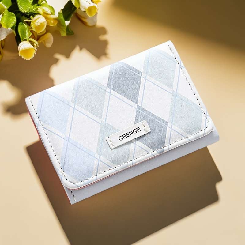 Minimalist Fashion Plaid Wallet Pu Material Pink Blue Colors Zipper Closure Foldable