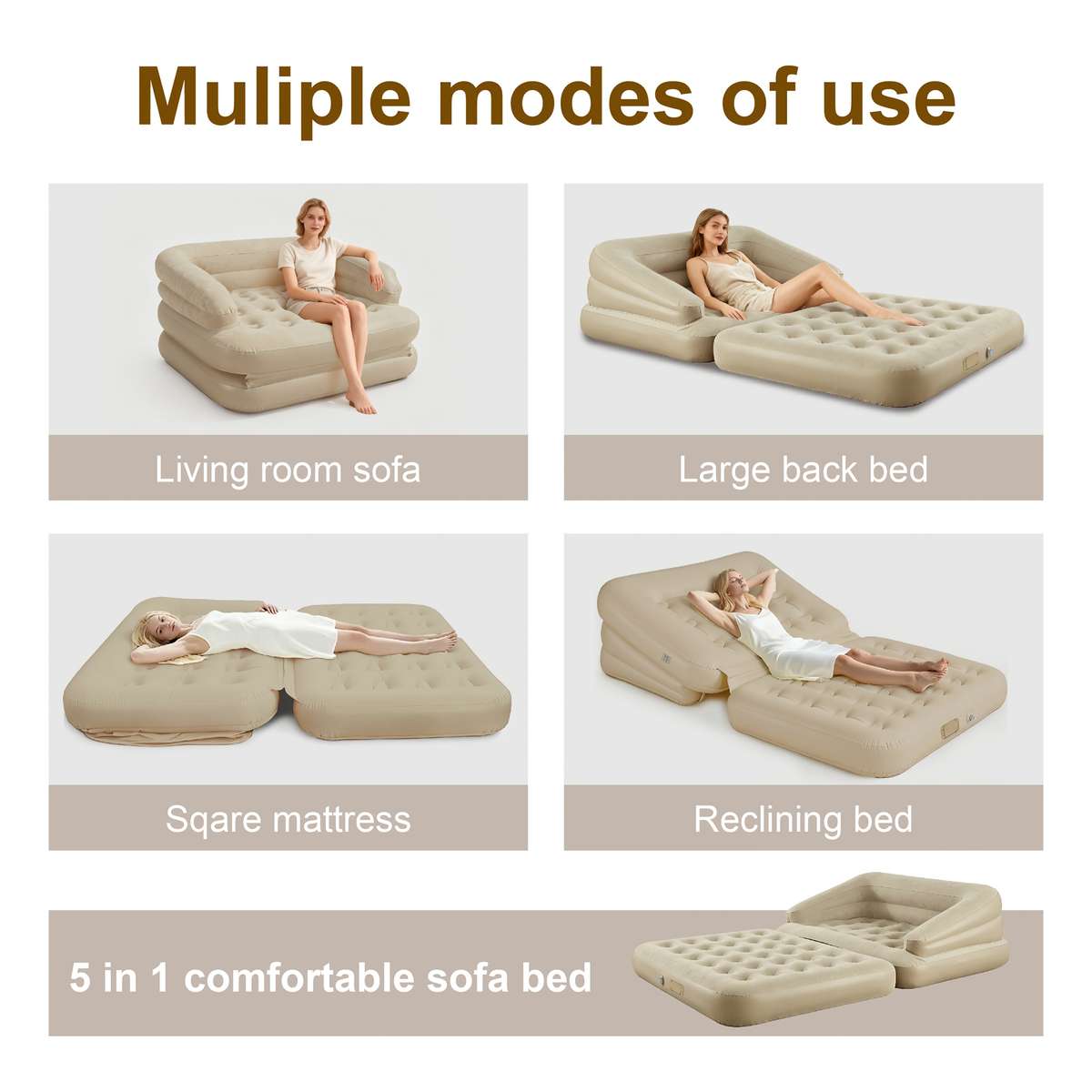 2 In 1 Queen Air Sofa Bed Mattress Headboard Multifunctional Electric Pump Two