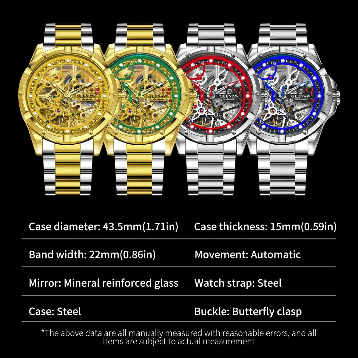 Classic Glenaw Men Automatic Mechanical Watch With Skeleton Self Winding