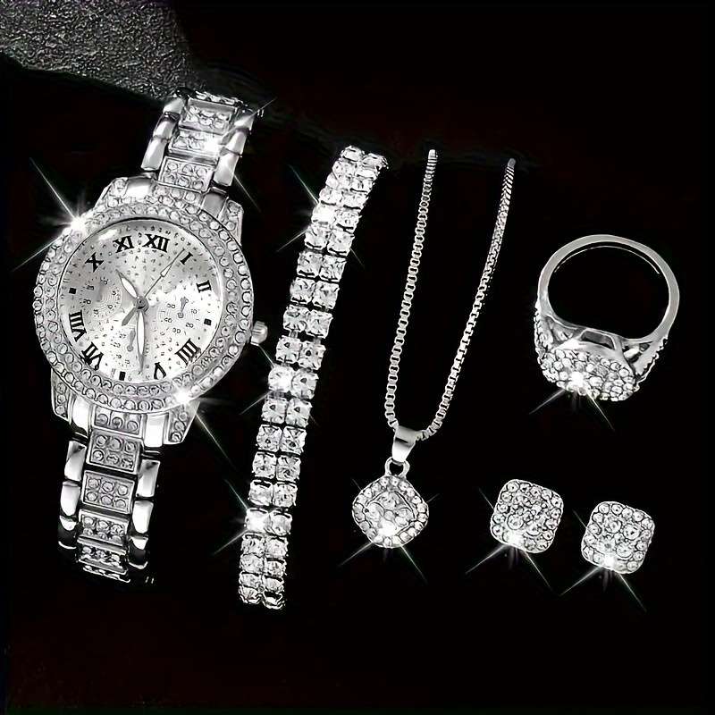 7Pcs Professional Round Rhinestone Quartz Watch Alloy Strap Hands Dial Set E