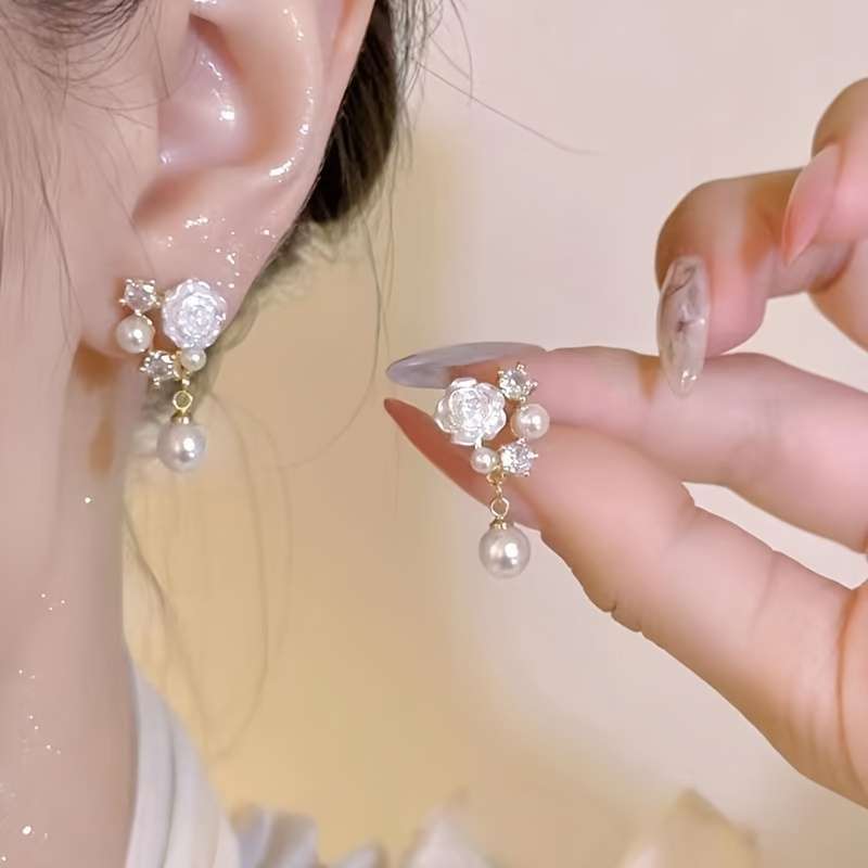 Women S Earrings Items Camellia Imitation Pearl Earrings  1 Pair
