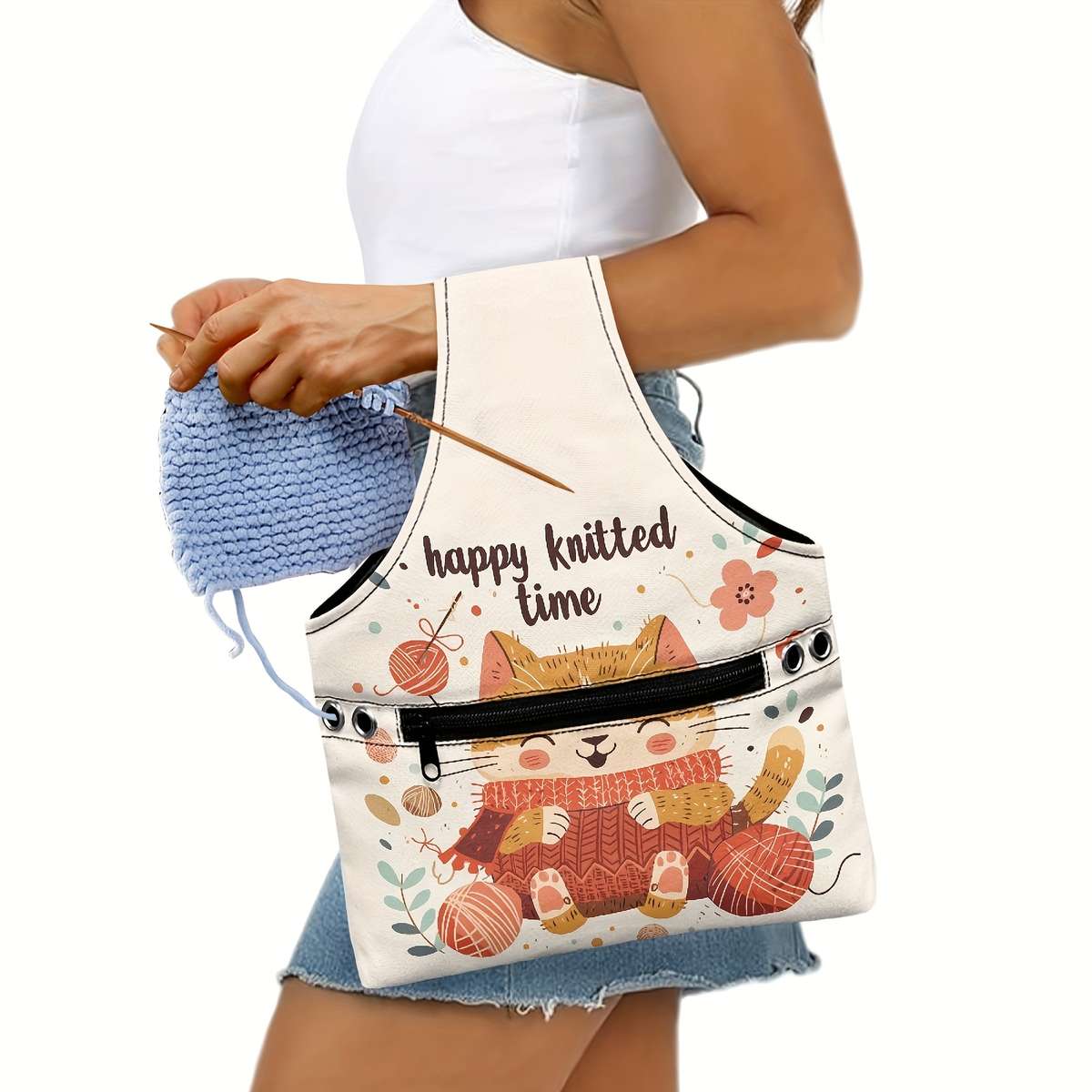 Cute Cat Crochet Yarn Storage Bag Blue