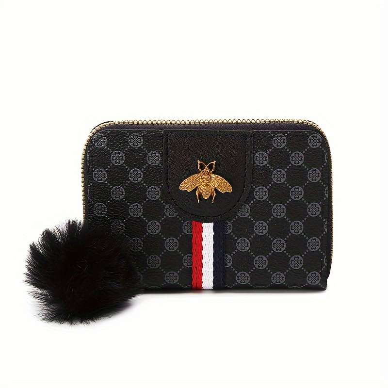 Chic Retro-Inspired Women'S Wallet With Honeycomb Print Pompom Accent Multiple Card Slots
