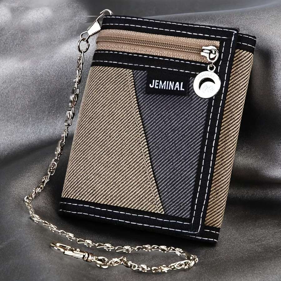 1pc Compact Men's Canvas WalletHigh-Quality Multi-Functional with Chain Detail Portable Travel