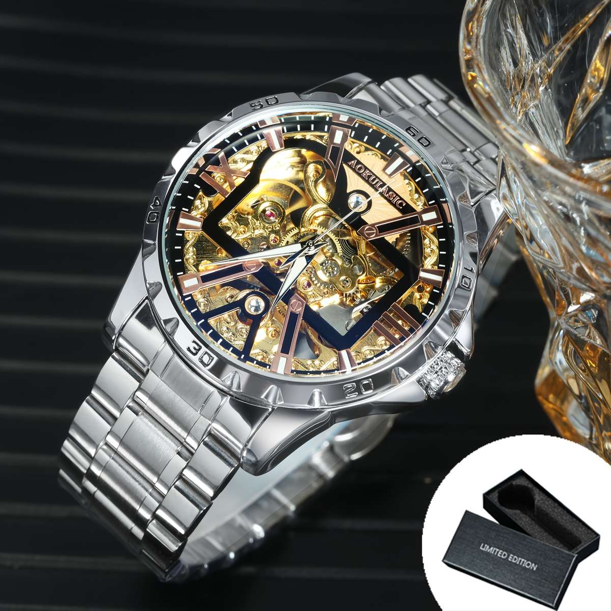 Mens Sporty Barrel Shaped Hollow Automatic Mechanical Watch Without