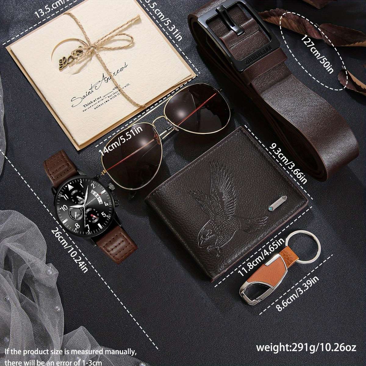7Pcs Men Set Watch Wallet Belt Keychain Greeting Card Glasses Faux