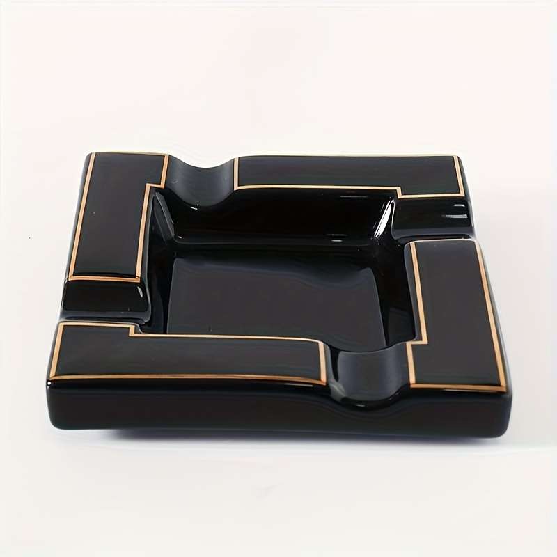 Heavy Duty Luxury Black Golden Ceramic Ashtray With Smoke Slot Design Black