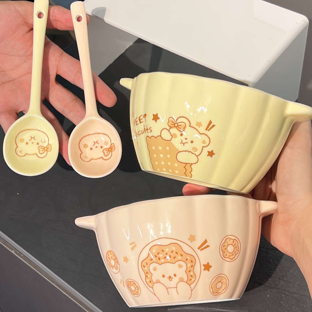 Bowl Items Two Mixed Color Bear Bowls With Spoon