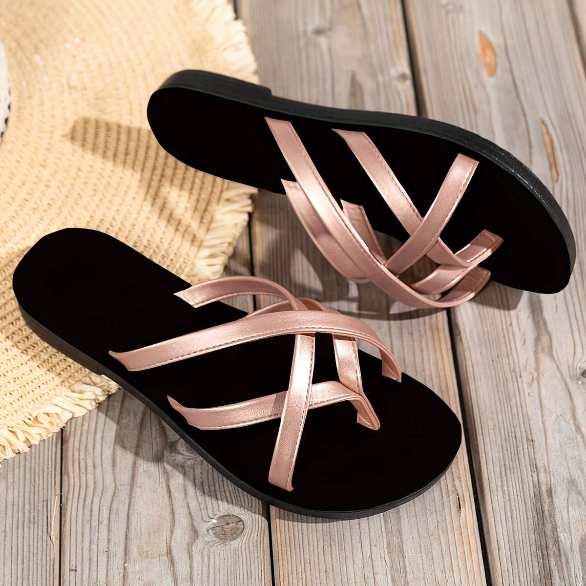 Ladies Summer Flip Flops Rose Golden+Black Uk 8