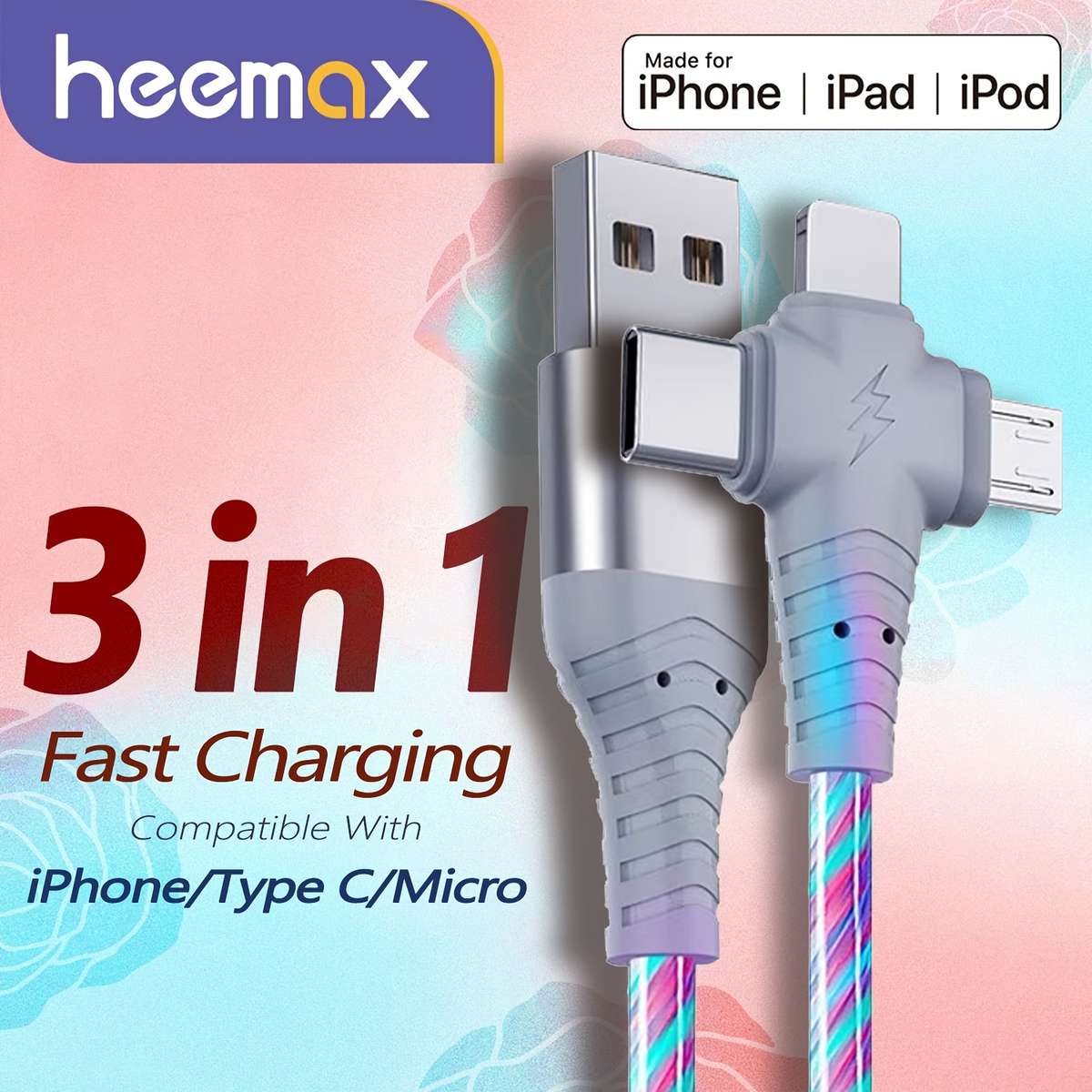 3in1 Light Up USB Fast Charging Cable 100cm