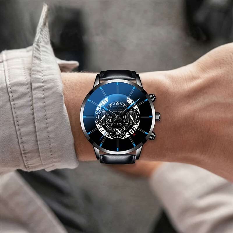 3Pcs Premium Men Business Style Wristwatch Versatile Bracelet Set Perfect Black