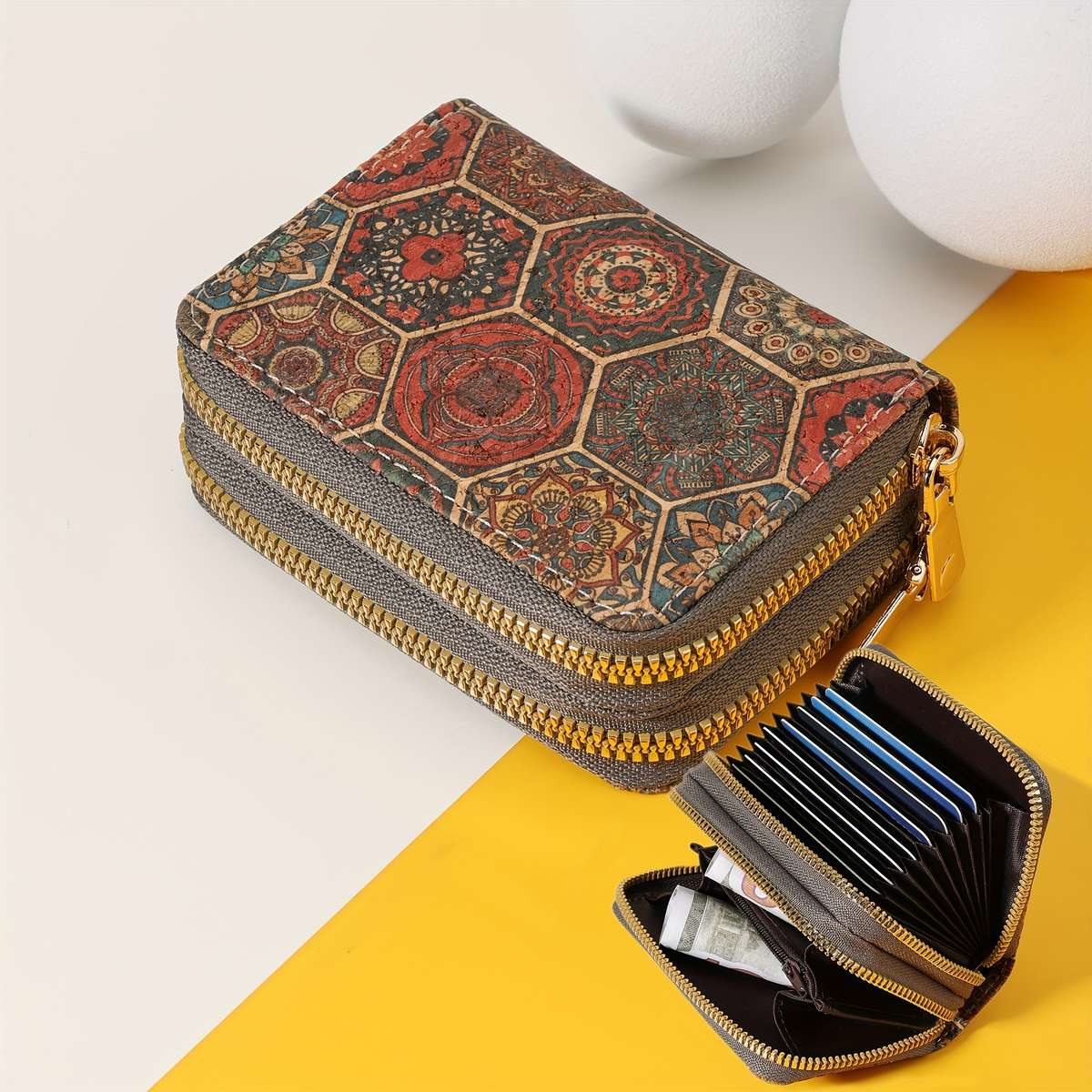 Credit Card Holder Casual Style With Double-Layer Zipper Closure Slim Multi-Card Wallet W