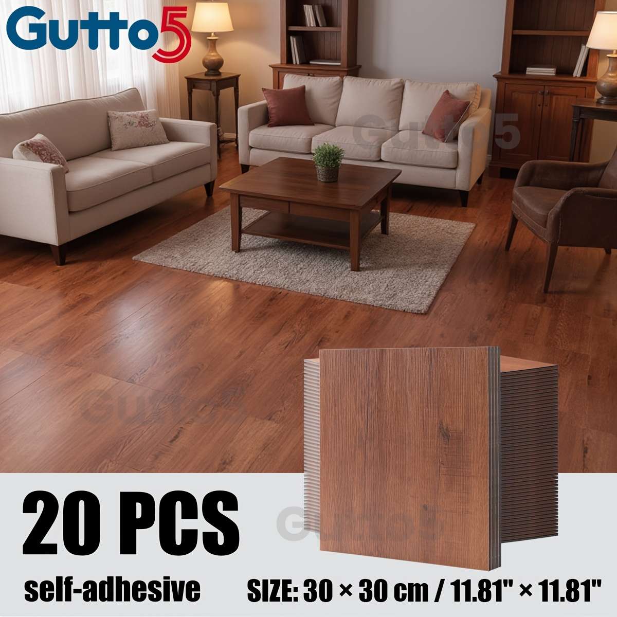 Self Adhesive Floor Stickers 20Pcs 11.8"11.8" 30Cm30Cm Walnut Brown