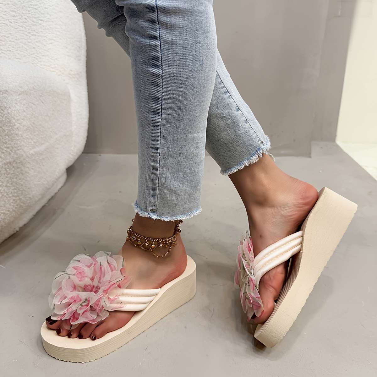 Ladies Summer Flip Flops Beige Uk 7