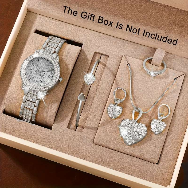 Classic Women Quartz Watch Simple Jewelry 1864 Silvery Set 6 Piece Womens