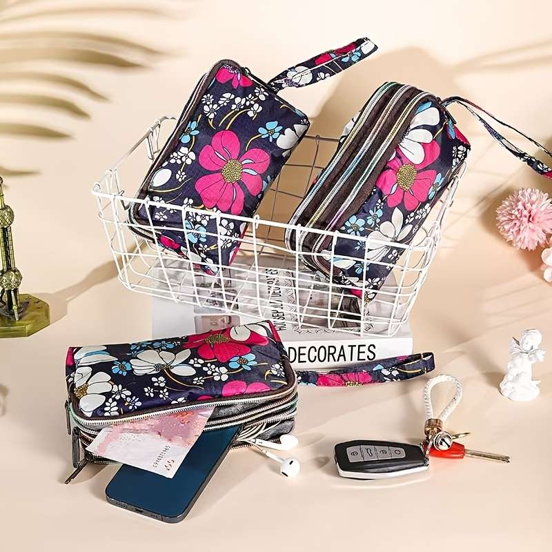 Elegant Floral Printed Polyester Wristlet Wallet Large Capacity Zippered Clutch Bag Lightweig