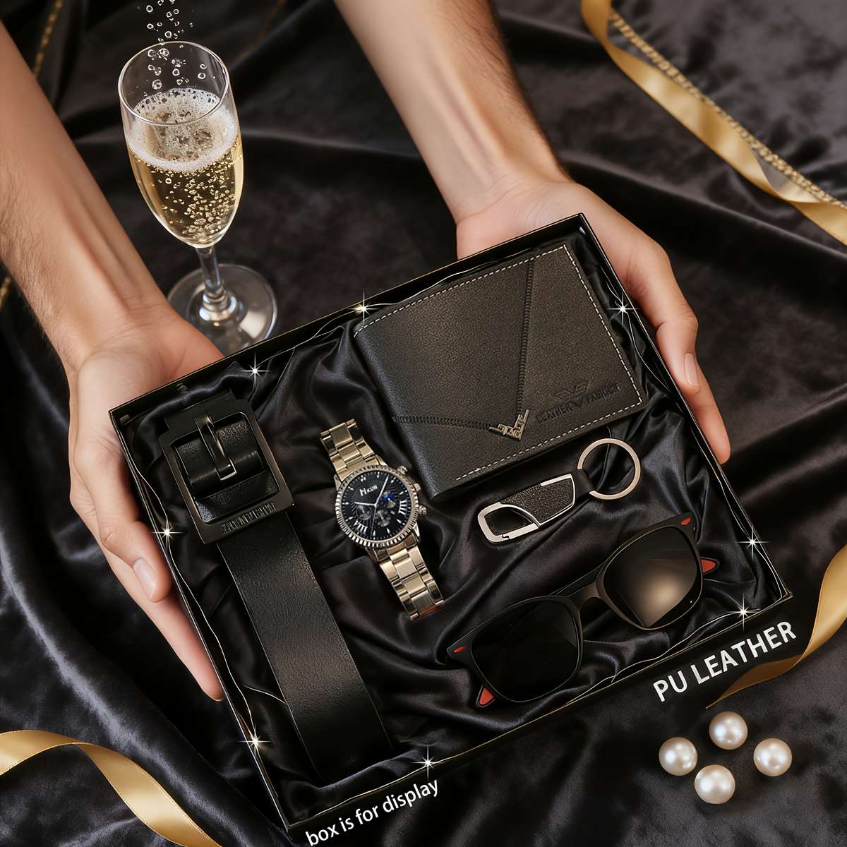7PCS Mens Setwatch Wallet Belt Keychain Greeting Card Glassesfauxitems Gift Box