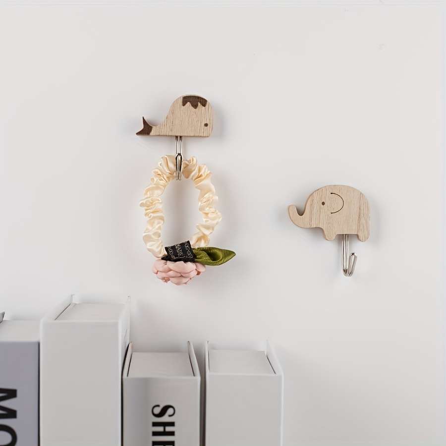 Wooden Animal Wall Self Sticky Hook For Keys Towels Etc color 2pc Elephant