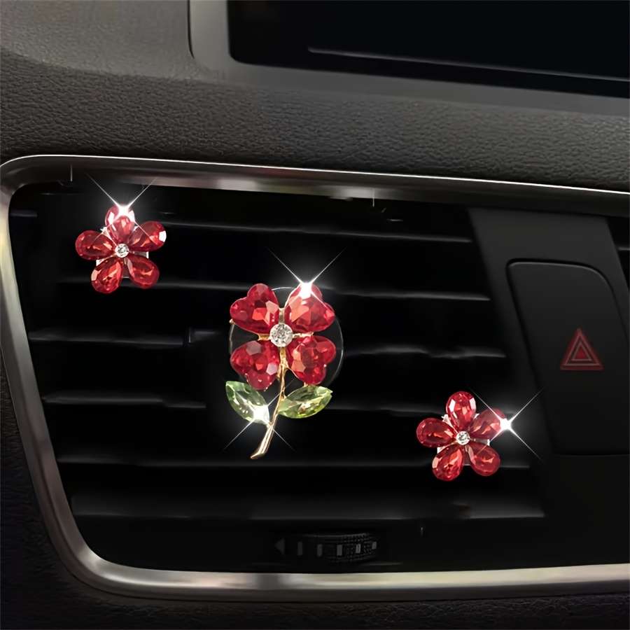 Car Interior Decor Items 3 Pieces Of Bright Red Four Leaf Flower  Add  Two Crystal Flowers