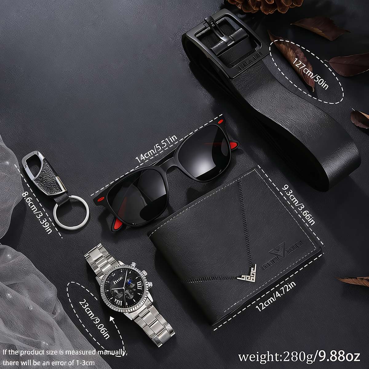 7PCS Mens Setwatch Wallet Belt Keychain Greeting Card Glassesfauxitems Gift Box