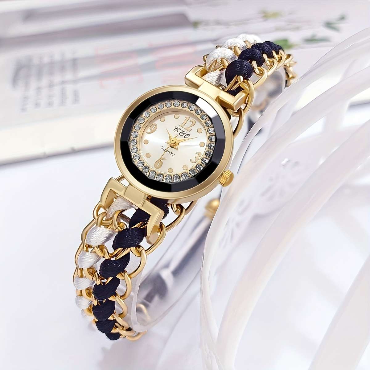 Premium Women Small Watch Case Rhinestones Adjustable Woven Strap Red