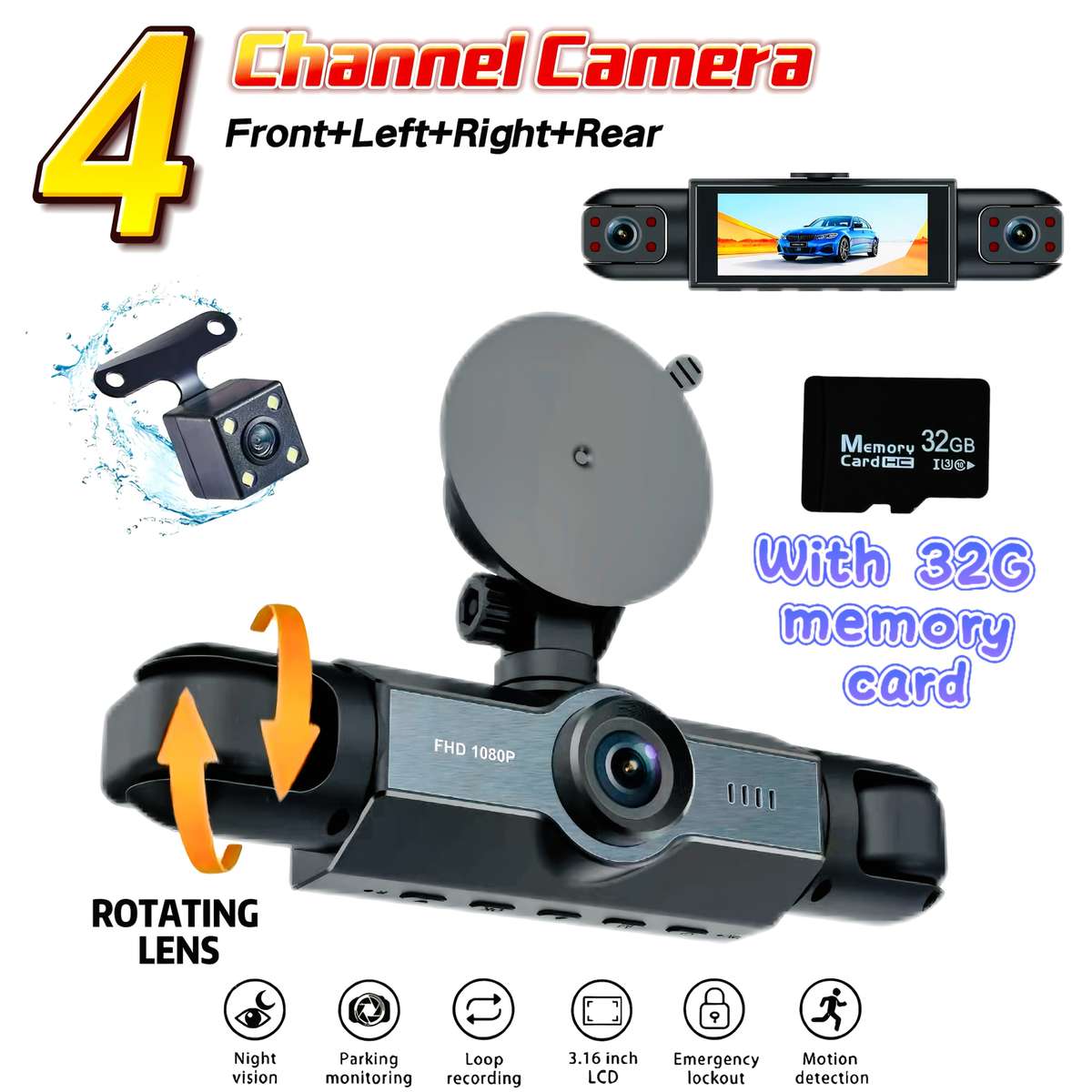 Dashcam Model 4 Cameras Front Rear Left And Right Including 32G Card