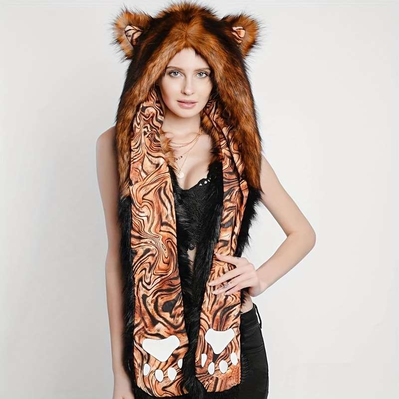 Winter Hat Color New Red And Black Soft Fox Add Tiger Pattern Size One Size