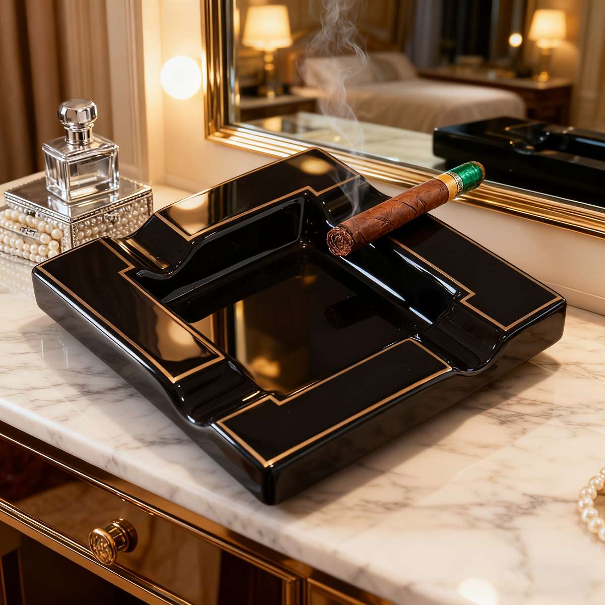 Heavy Duty Luxury Black Golden Ceramic Ashtray With Smoke Slot Design Black