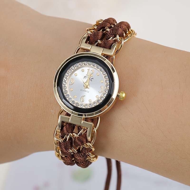 Premium Women Small Watch Case Rhinestones Adjustable Woven Strap Red