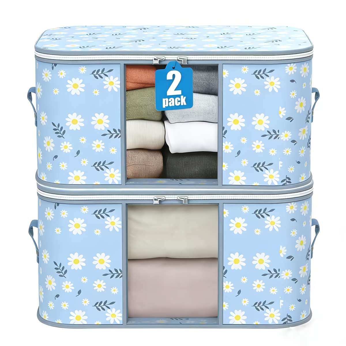 2Pcs Large Storage Bags Heavy Duty Storage Blue Daisy Visible Storage Bag