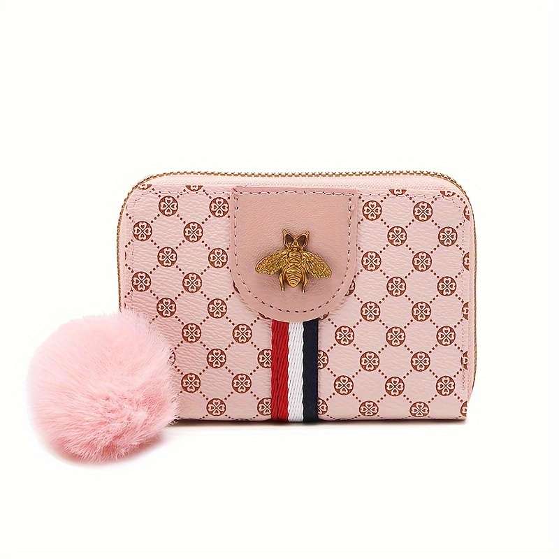 1pc Chic Retro-Inspired Women's Wallet with Honeycomb Print Pompom Accent Multiple Card Slots