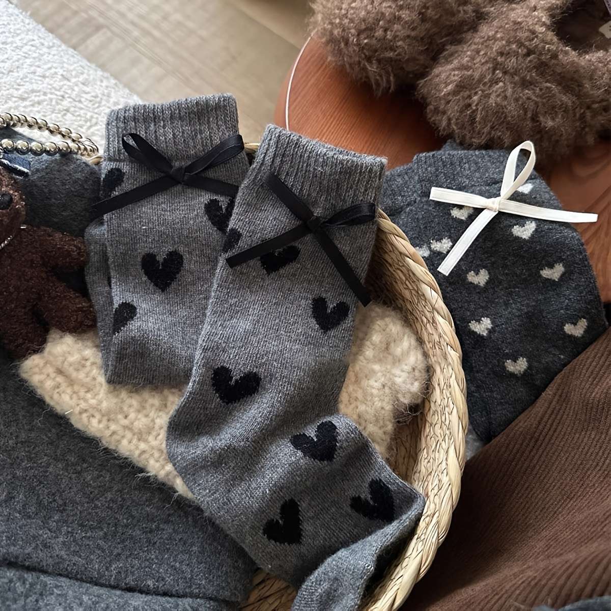 Women S Socks Color Beige Gray Bow1Pair Size Asian Onesize
