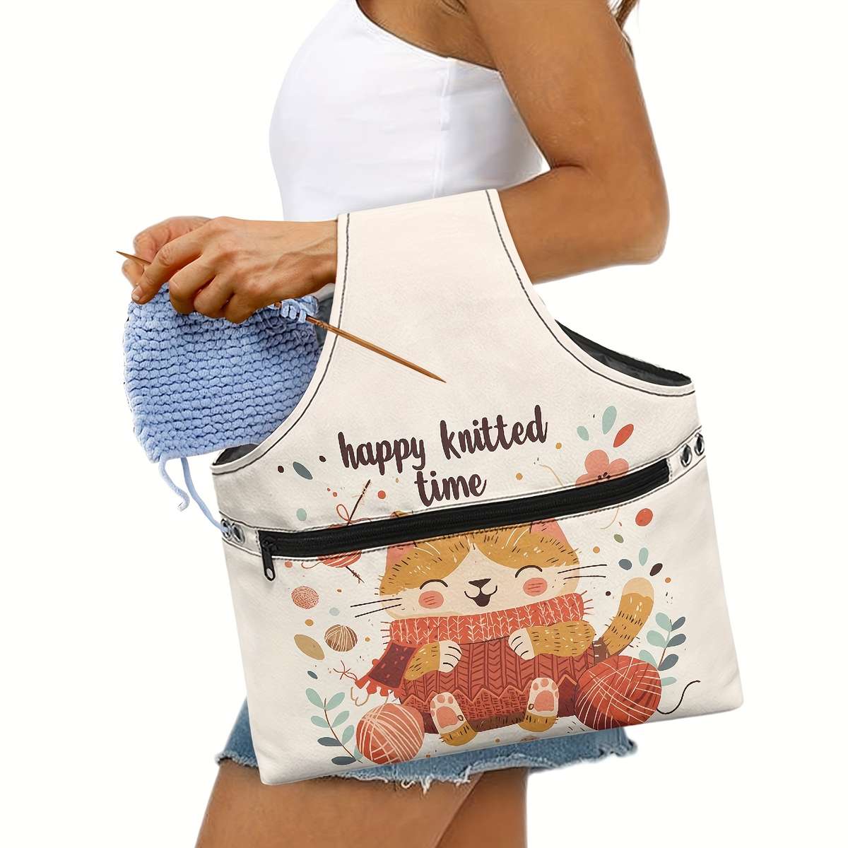 Cute Cat Crochet Yarn Storage Bag Blue