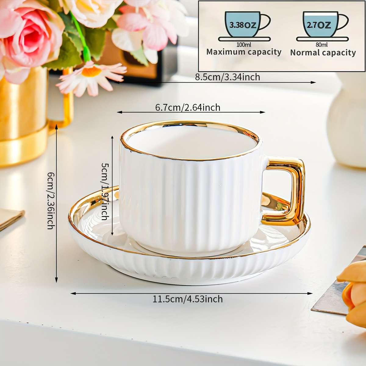 Water Cup Color White Golden Model3001 Ceramic Golden Edge 6 Cups 6 Plates