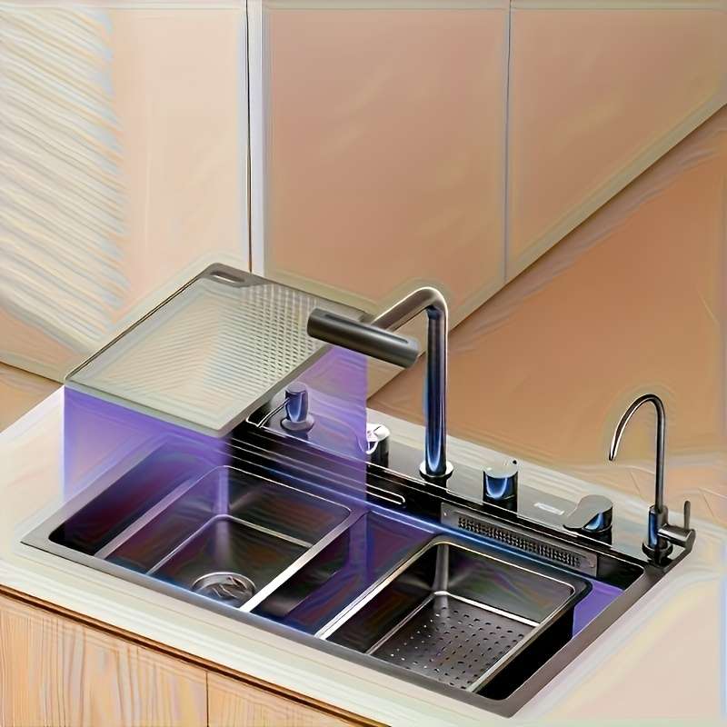 Smart Digital Display Stainless Steel Kitchen Sink With Pull Out Faucet