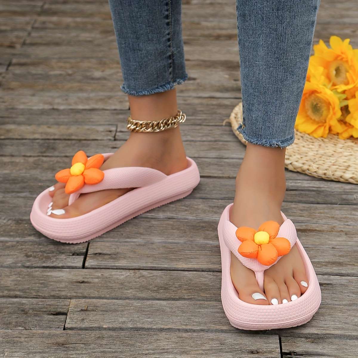 Ladies Summer Flip Flops Rose Red And White Flowers Uk 6.5-7