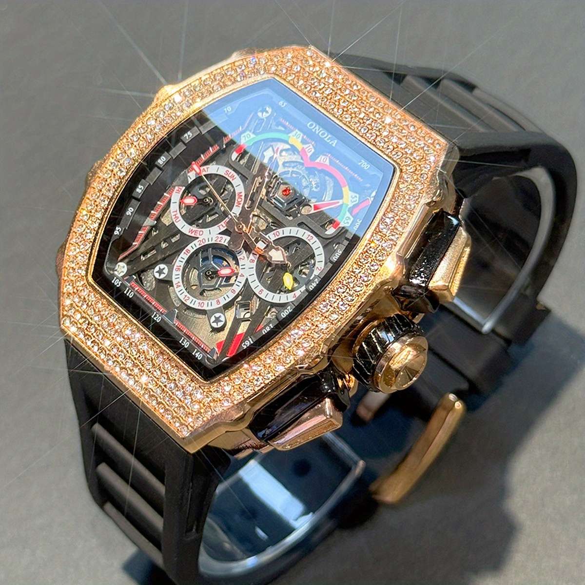 Onola 6826D Luxury Automatic Mechanical Watch Tonneau Shaped Chronograph Rose