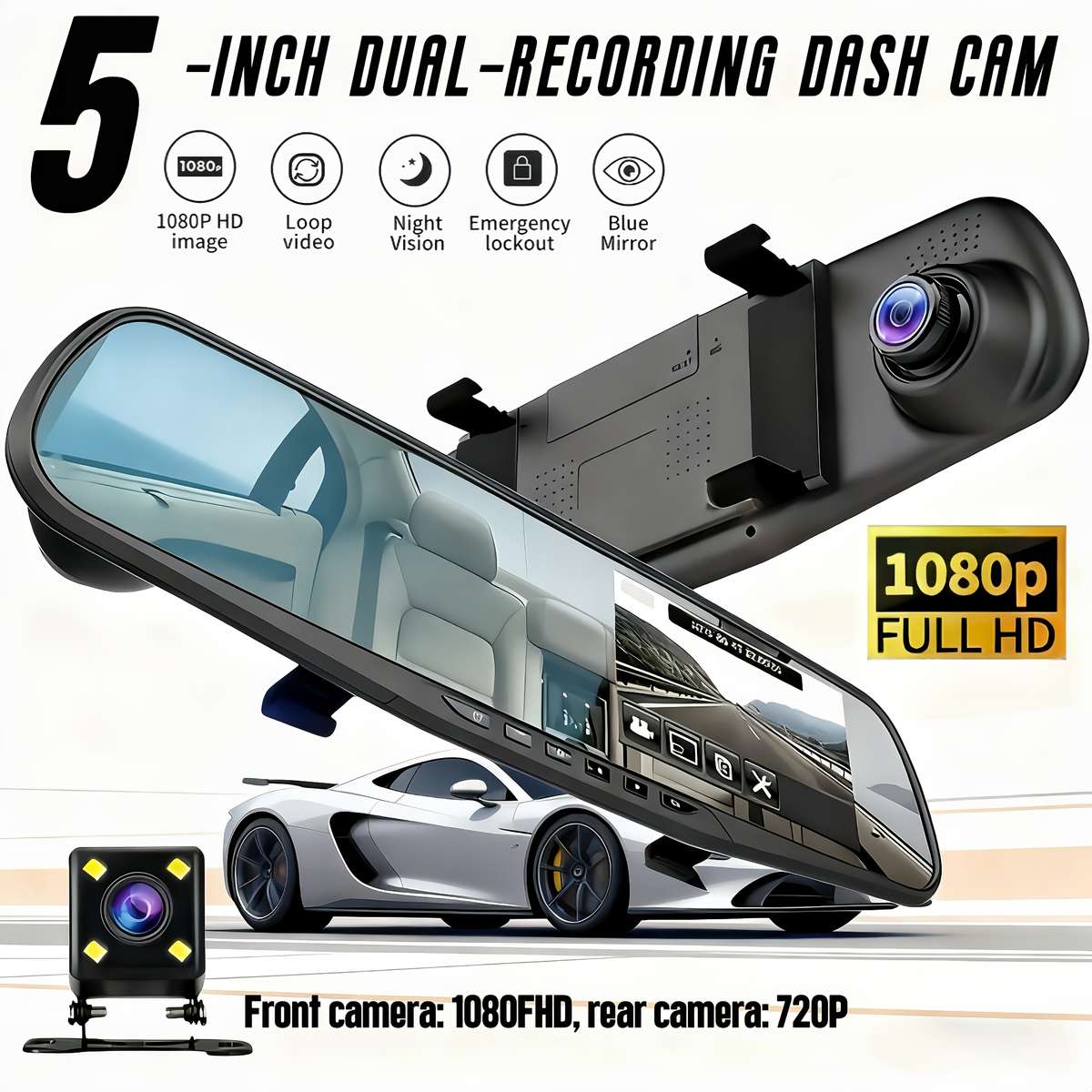 Dashcam Items 5-Inch Rearview Mirror Dual Recording