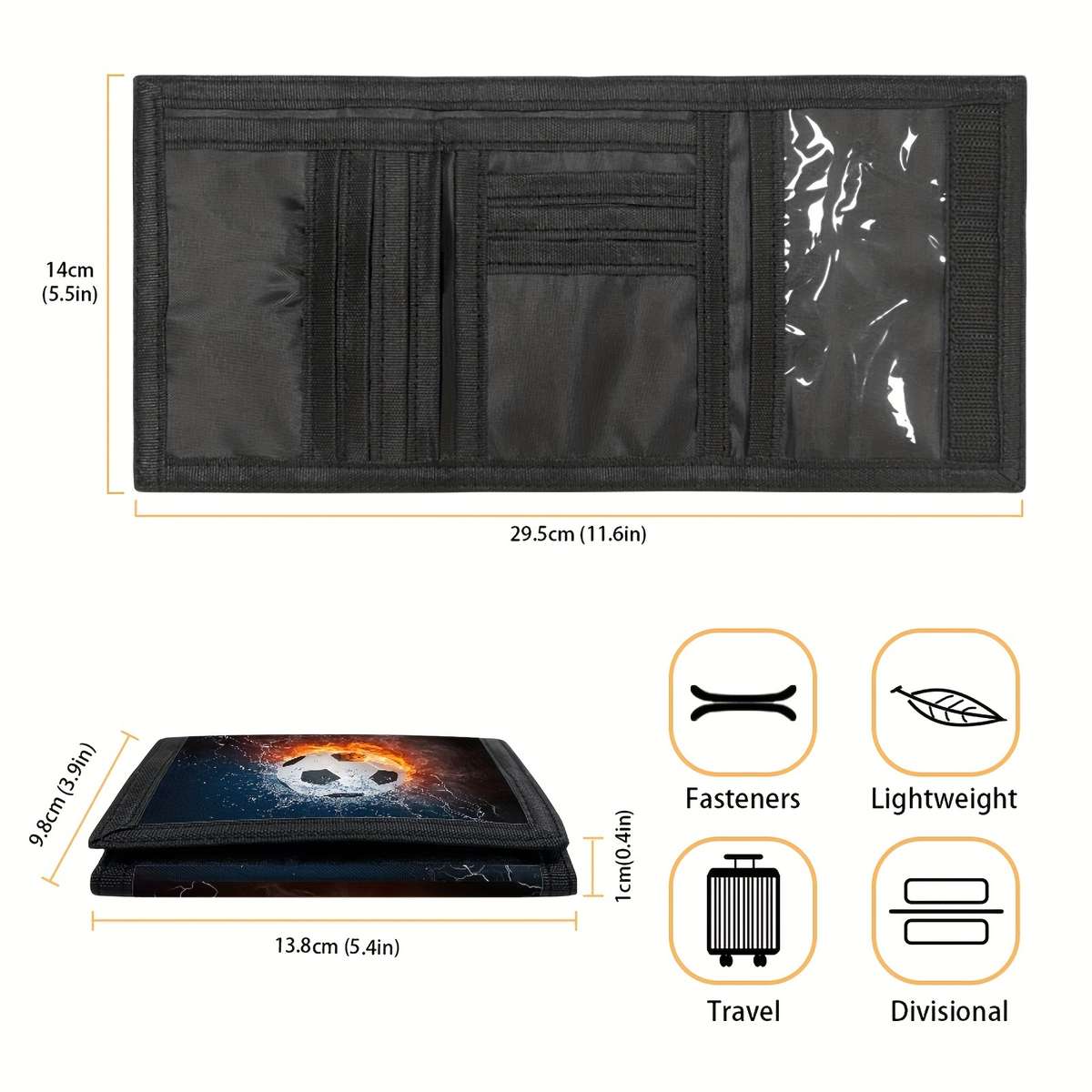 Polyester Tri-Fold Wallet With Soccer Ball Design Simple Style Secure Fasteners Lightweight
