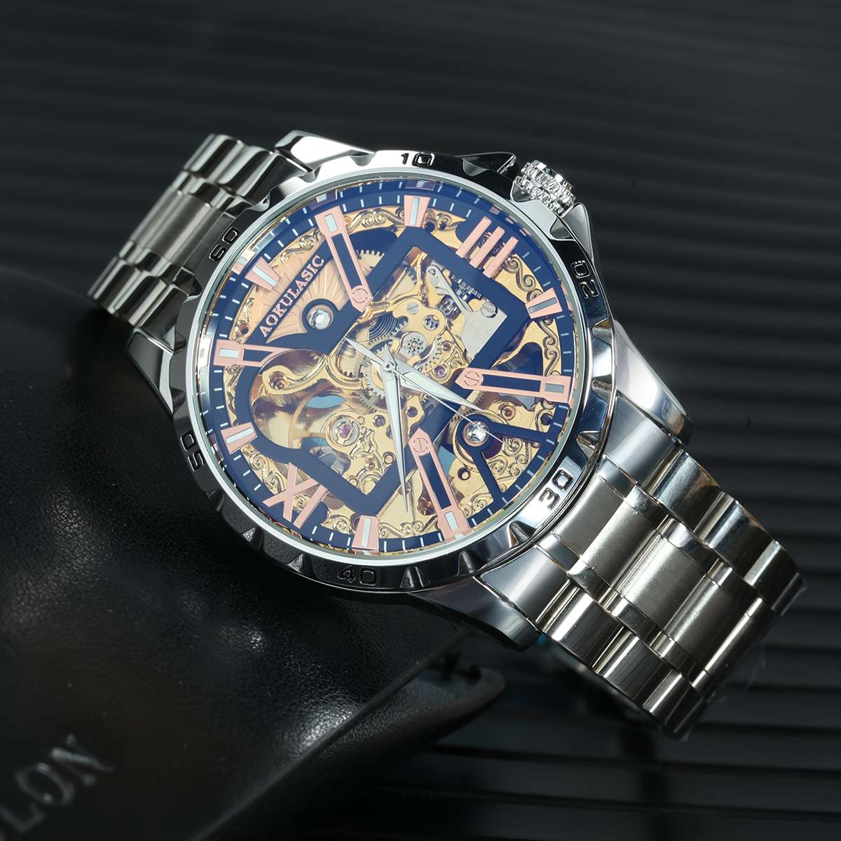 Mens Sporty Barrel Shaped Hollow Automatic Mechanical Watch Without