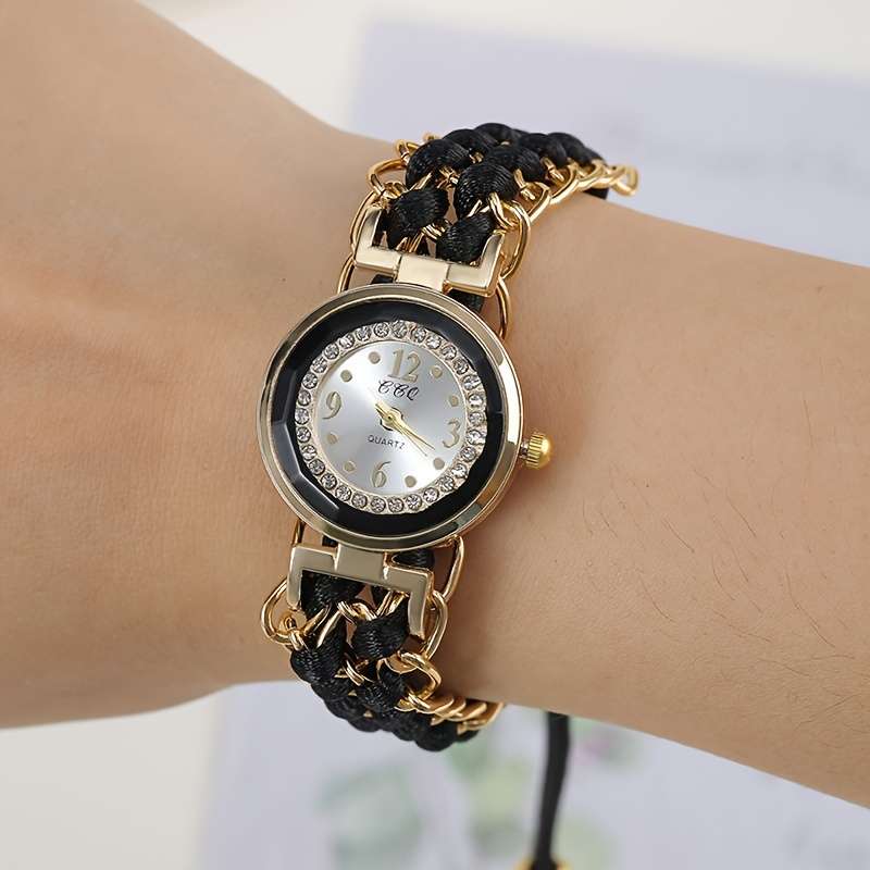 Premium Women Small Watch Case Rhinestones Adjustable Woven Strap Red