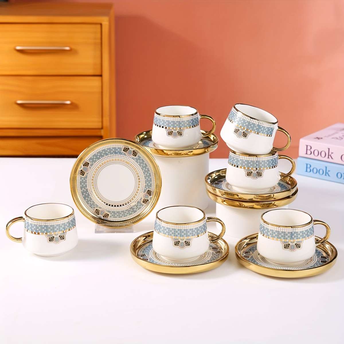 Water Cup Capacity 170Ml 574Oz Gold Rimmed Checkered 6 Cup Saucer