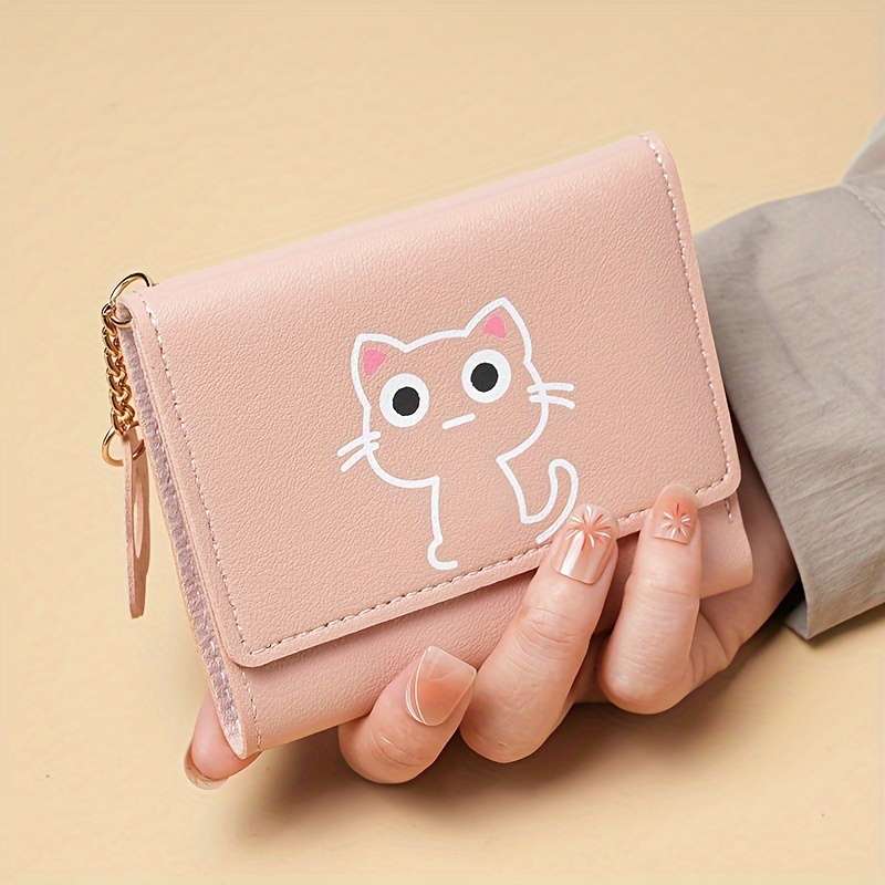 Vintage Style Cartoon Cat Pattern Pu Wallet Mini Tri-Fold Card Holder With Cat Paw Charm