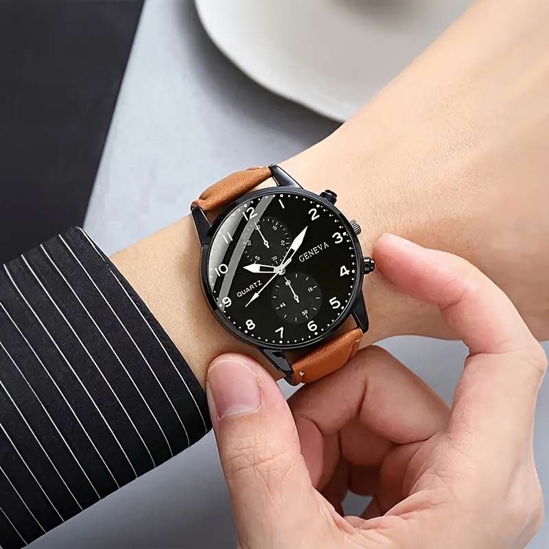 4Pcs Classic Quartz Men Watch Zinc Alloy Case Faux Leather And