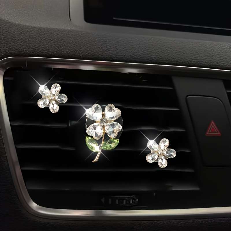 Car Interior Decor Items 3 Pieces Of Bright Red Four Leaf Flower  Add  Two Crystal Flowers