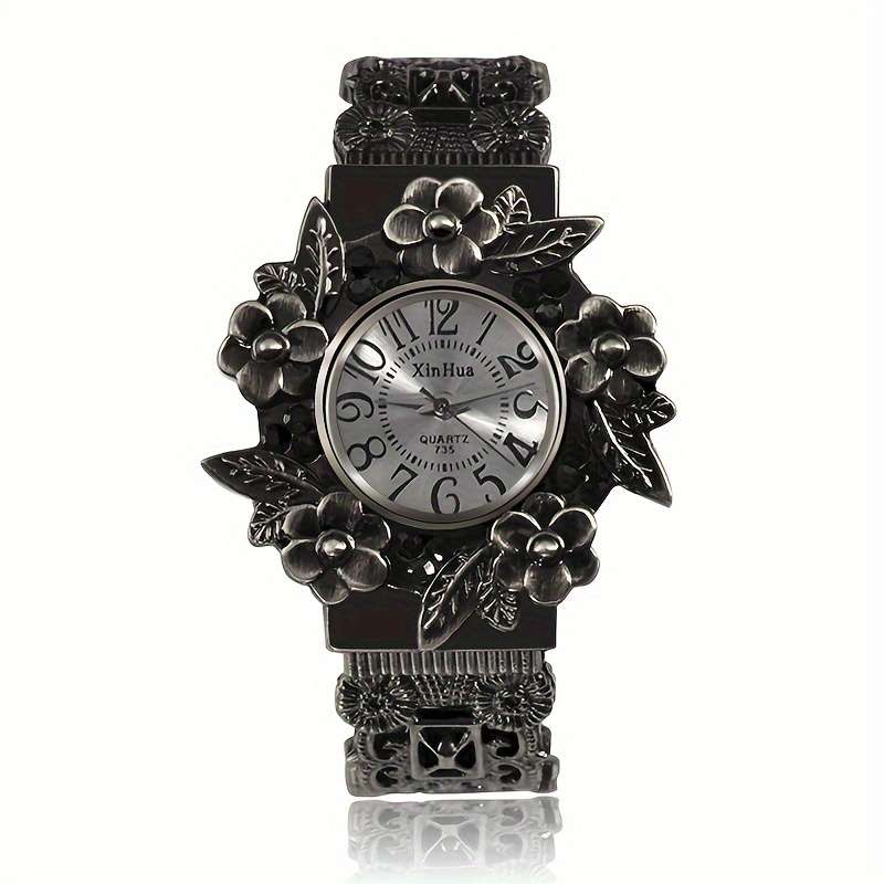 Vintage Women Bracelet Watch 3D Floral Leaf Quartz Wristwatch Black