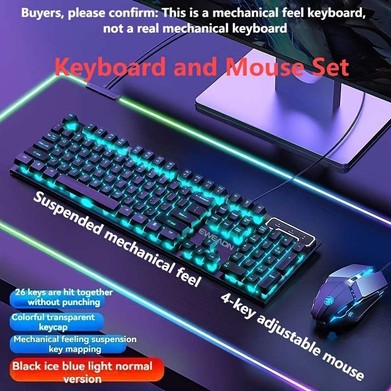 keyboard Items Black wired classic ice blue light   keyboard and mouse set